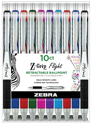 Image of Zebra Pen Z-Grip Flight Retractable Ballpoint Pen, Bold Point 1.2mm, Assorted Ink Colors, School Supplies, Teacher Supplies, and Office Supplies, Smooth Writing, Quick-Drying, 10-Pack (21901)