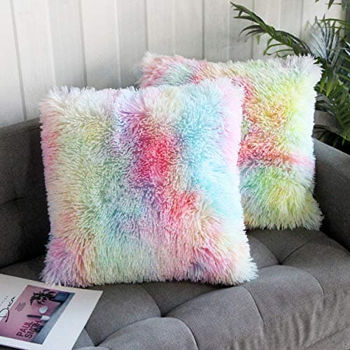 Image of Uhomy 2 Packs Fall Winter Home Decorative Colorful Plush Pillow Cover 18"x18", Luxury Fluffy Super Soft Faux Fur Throw Pillow Cover Cushion Case for Sofa Bed Chair Unicorn Colorful 45x45 cm