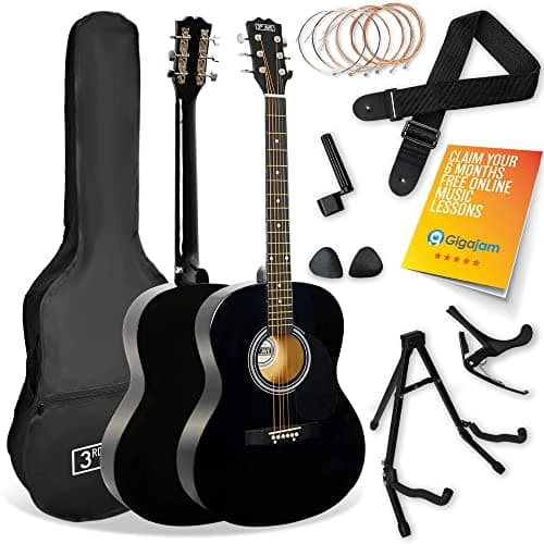 Image of 3rd Avenue Full Size 4/4 Acoustic Guitar Pack for Beginners - 6 Months FREE Lessons, Gig Bag, Picks, Spare Strings, Stand, Strap, Capo - Black