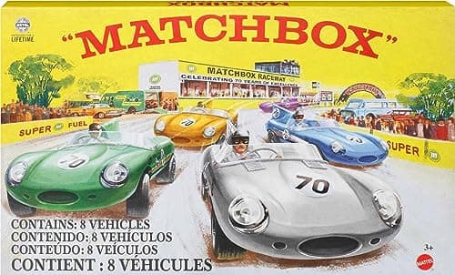 Image of Matchbox Cars, Set of 8 Die-Cast Cars in 1:64 Scale with Premium Decos Including 1 Exclusive Vehicle, True Grip Tires, Platinum-Tone Finish, For Collectors