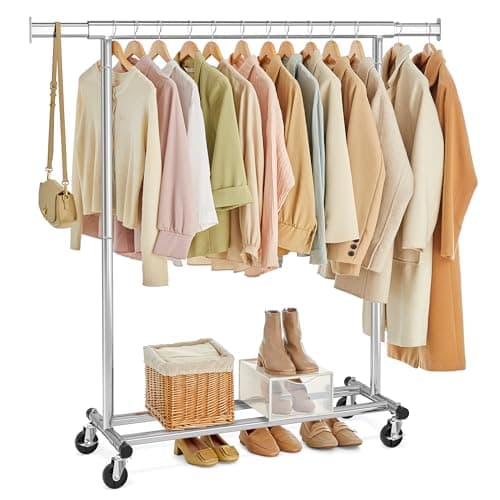 Image of SONGMICS Clothes Rail, Heavy Duty Clothes Rack on Wheels, 45 x (92-132) x 161.5 cm, with Extendable Hanging Rail, 100 kg Load Capacity, Easy Assembly, Portable, Silver HSR13S