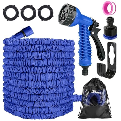 Image of Garden Hose, Expandable Hose Pipe with 7 Modes Spray Gun, 3 Times Flexible Expanding Garden Hose Pipe, Anti-Leakage Water Hose Pipe with Connectors for Gardening, Patio, Car Washing (Blue, 75FT)