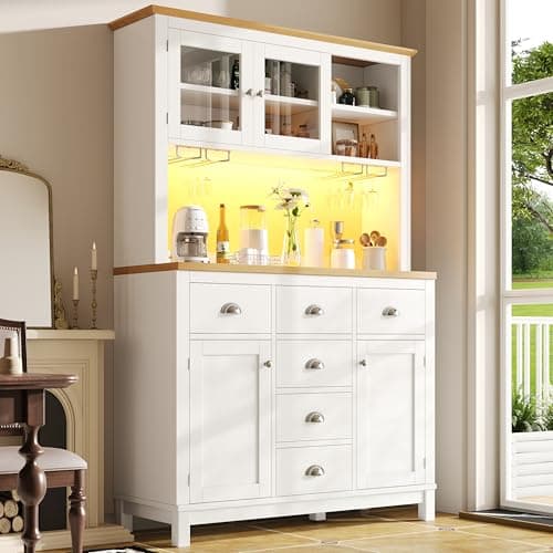 Image of BTM Tall Kitchen Cabinet with LED and Drink Holders Freestanding Buffet Sideboard Larder Cupboard with Worktop, White