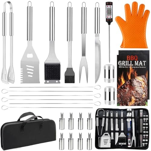 Image of 28PCS Stainless Steel BBQ Asccessories Tools Set, Practical Outdoor Grilling Utensils with Portable Case, Complete Barbecue Kit, for Men and Dads for Camping, Picnics, Cooking