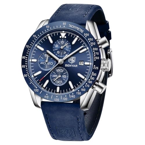 Image of BENYAR Watch for Men Analog Quartz Chronograph Waterproof Luminous Designer Big Face Mens Wrist Watches Business Sport Casual Dress Elegant Gifts for Men,Blue Silver Blue