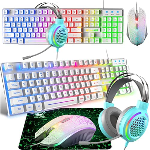 Image of Gaming Keyboard Headset & Mouse Set, 104 Keys Rainbow Backlit UK Layout Keyboard 2400DPI Lightweight Honeycomb Headset Mouse Pad Combo for PS4 Xbox (Need Adapter) White