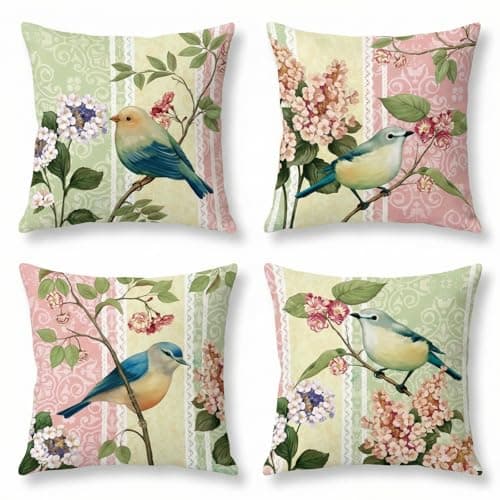 Image of BREASOME Cushion Covers 45 x 45 cm Set of 4 Floral and Birds Cushion Covers Linen Decorative Square Throw Pillow Cases for Sofa Couch Bedroom Living Room