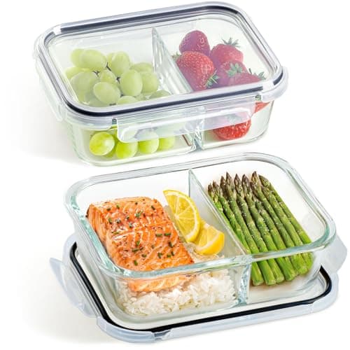 Image of Praknu Glass Containers with Lids - Set of 2 Meal Prep Glass Containers with 2 Compartments – 1 Litre – Airtight – Suitable for Dishwasher, Microwave & Oven