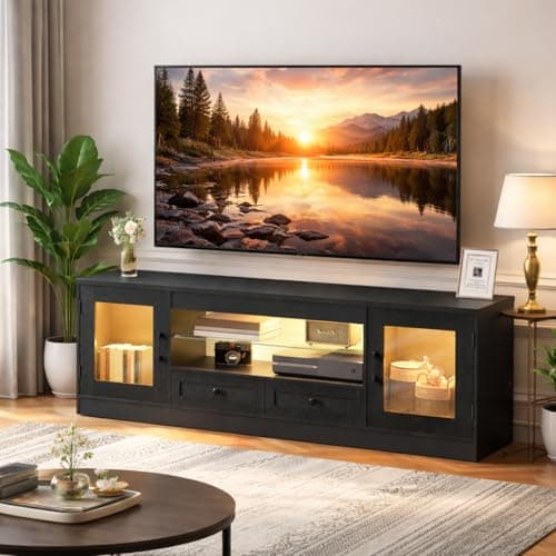 Image of Dripex 148CM Modern LED TV Stand Cabinet Fits 55/60/65 Inch TVs with RGB Lights & Drawers for PS5, Entertainment Center for Living Room Bedroom Black Carbon Fiber