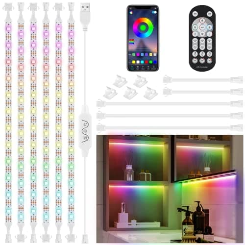 Image of 3M Under Cabinet Lights Kit, 6x50CM Music Sync Color Changing LED Strip with RF Remote and APP, Dimmable Flexible Cabinet Lights, USB Under DIY LED Lighting for Counter Shelf Bookcase TV Back