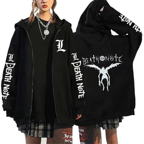 Image of RWRAPS Anime Death Note Zipper Sweatshirt Japanese Manga Graphic Unisex Zip Up Hoodie Jacket Casual Long Sleeve Streetwear Coat