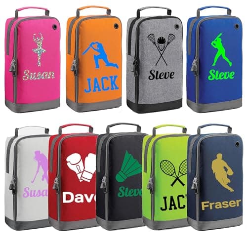 Image of Personalised Boot Bag – Custom Name Sports Shoe Bag – Water-Resistant & Easy Clean – Colourful Design for Kids School PE, Football, Rugby, Dance, Badminton, Golf – Ideal for Boys & Girls (Black)