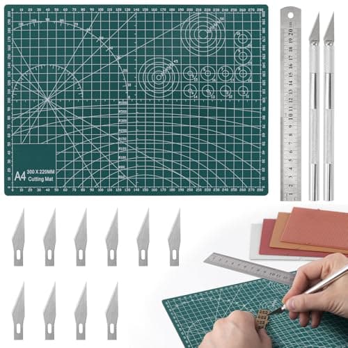 Image of A4 Double-Sided Cutting Mat with Ruler Set, Self Healing Craft Mat 3mm Thick, Craft Cutting Mat Non Slip PVC with Grid Lines, Craft Cutting Board for DIY Art Work Sewing Cutting