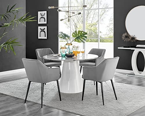 Image of Furniturebox UK Palma White Marble Effect Round Dining Table & 4 Grey Calla Black Leg Chairs