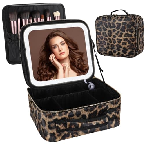 Image of DaizySight Travel Makeup Bag with Led Light Mirror, Large Capacity Cosmetic Organizer Vanity Travel Case for Make up with Adjustable Compartment (Leopard Print)