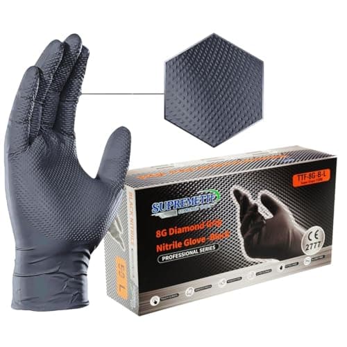Image of 8 Mil Nitrile Disposable Diamond Grip Gloves, Heavy-Duty, Latex & Powder Free, Food Safe, Extra Thick For Mechanic Automotive Oil Work (Black, Medium [Size 8])