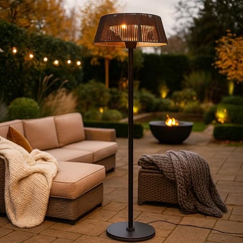 Image of JSH Caldo/Solara Floor Standing Outdoor Electric Patio Heater | 3 Heat Settings 800/1200/2000W | Large Stylish Modern 60cm Lampshade Design | Portable Garden Space Halogen Heating (Solara)