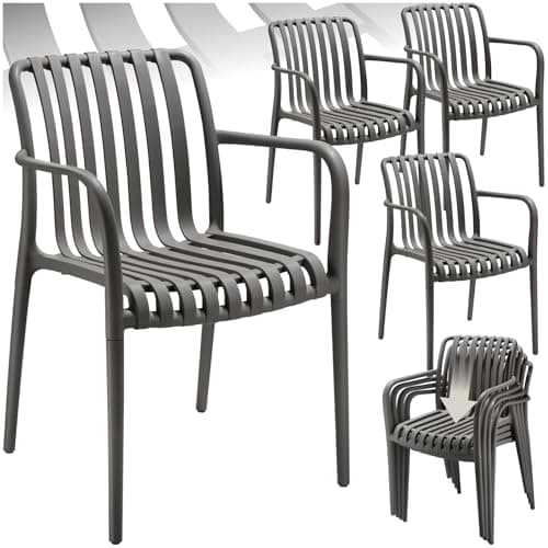 Image of tectake® Set of 4 Garden Chairs in Light, Airy Design, Garden Chair Set in Weather-Resistant Plastic with Slatted, Curved Seat, Stackable Outdoor Armchair Set for Backyard, Patio, Balcony - Anthracite