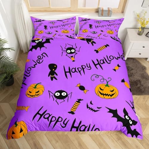 Image of Halloween Duvet Cover Sets Bedding Set Single Size - 135x200cm Trick Or Treat Super Soft Luxury Anti Allergic Duvet Set, Easy Care and Breathable Microfiber Covers With 2 Pillowcase