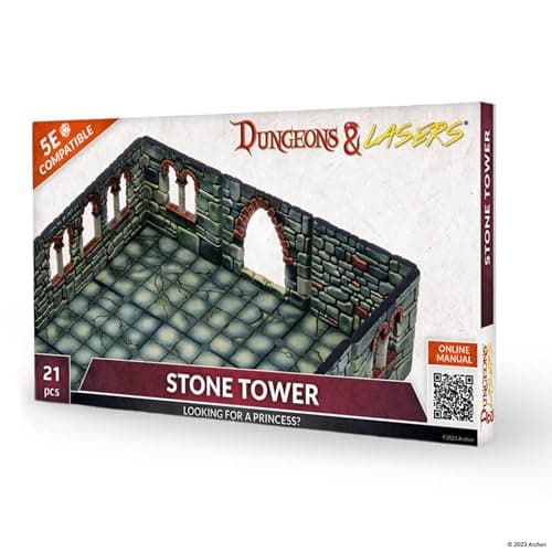 Image of Dungeons & Lasers Stone Tower RPG Terrain for DND and 5E Compatible Miniature Games - Modular Design for Fast Assembly - Unpainted - Ages years 14+