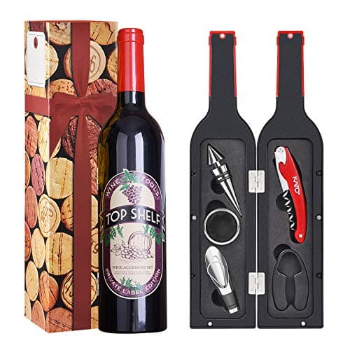 Image of Kato Tirrinia 5 Pcs Deluxe Wine Accessories Gift Set- Wine Opener Set Includes Corkscrew, Stopper, Wine Pourer, Foil Cutter, Drip Ring w/Fun Static Cling, Best Gift for Wine Lover, Red