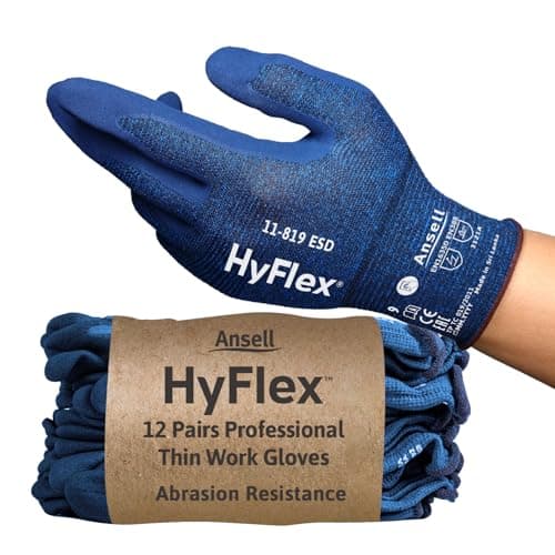 Image of Ansell HyFlex 11-819 Ultrathin Work Gloves, Abrasion Resistant Nitrile Coating, Electrostatic Discharge Protection, Antistatic, Touchscreen, Industrial Safety, Blue, Size L (12 Pairs)