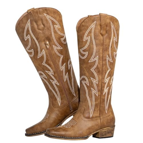 Image of SheSole Ladies Wide Calf Cowgirl Boots - Festival & Daily Knee High Western Cowboy Boots for Women, Soft Lightweight Square Toe Tan UK Size 3