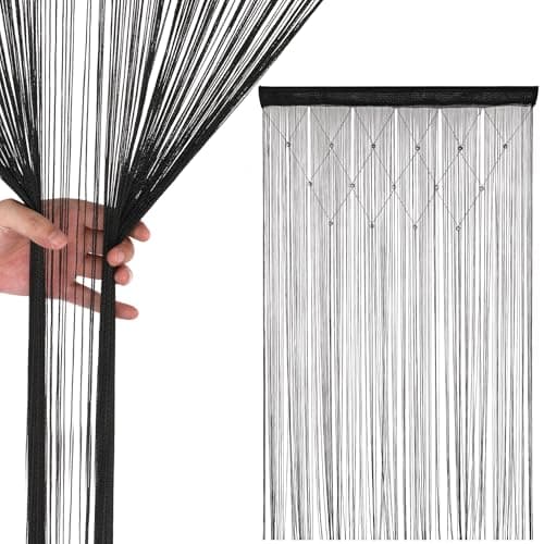Image of Trimming Shop Glitter Beaded String Curtains Polyester Fly Screen Room Divider Fringe Panel Spaghetti Tassel Curtain Decorative for Doorway, Windows & Event Decoration, 200cm x 100cm, Black