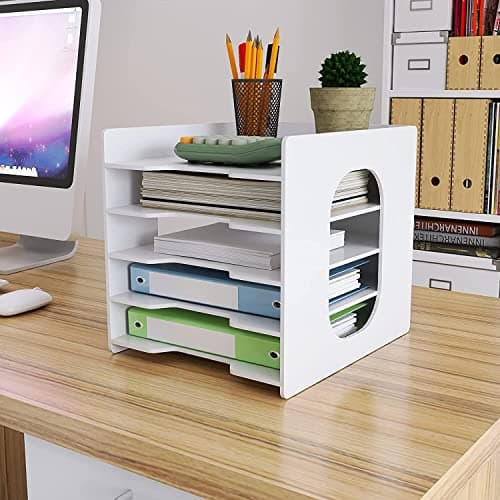 Image of PUNCIA 5 Tiers Paper Tray A4 Desk Tidy Organizer Desktop White Filing Holder Office Mail Letter Sorter Document Notebooks Storage Rack for Home Office School Classroom