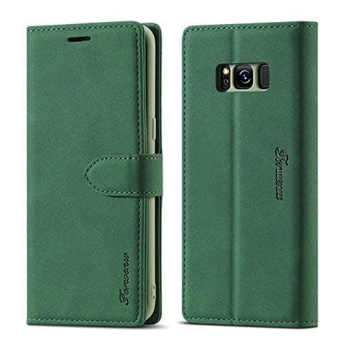 Image of LOLFZ Wallet Case for Samsung Galaxy S8, Vintage Leather Case Card Holder Kickstand Magnetic Closure Flip Case Cover for Samsung S8 - Green