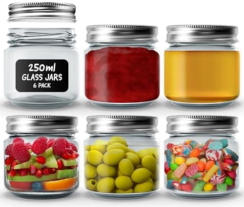 Image of volila Mason Jars with Lids - 6 Pack 250ml Leakproof Glass Jars with Lids for Airtight Seal - Round Mason Jar with Silver Regular Lid, Black Labels and Pen