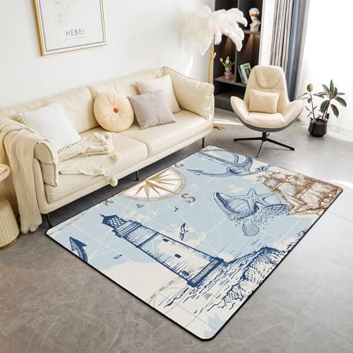 Image of HATEGE 3D Nautical Theme Rug 60 x 120 cm for Living Room, Lighthouse Area Rugs Nautical Theme Fluffy Carpet Runner for Bedroom or Hallway,Non Slip Mats WS3285