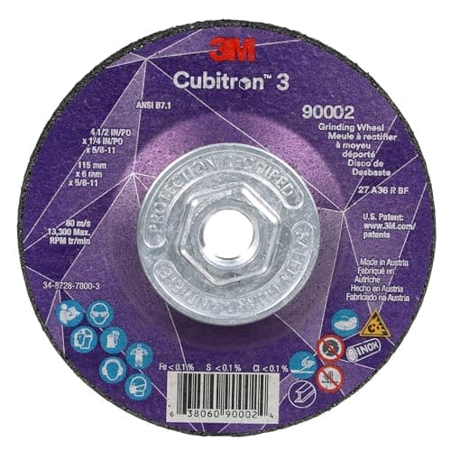 Image of 3M Cubitron 3 Depressed Center Grinding Wheel, 90002, 36+, T27, 4-1/2 in x 1/4 in x 5/8 in-11, Pack of 10, ANSI, Precision Shaped Grain, Beveling, Weld Grinding, Heavy Deburring, Slag Removal
