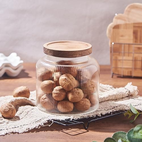 Image of Eden & Willow Large Ribbed Wide Mouth Glass Storage Jar with Airtight Acacia Wooden Lid – Clear Kitchen Canister for bulk storage – Pantry Organisation (1, 2L)