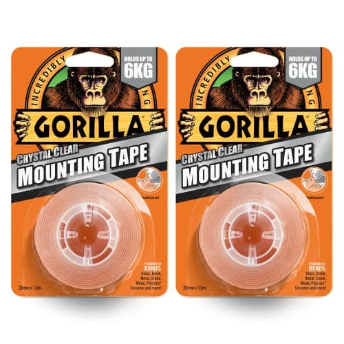 Image of Gorilla Double Sided Mounting Tape Crystal Clear, 1.5m x 25mm – Holds 6KG Per Roll | For Repairs, Crafts & Mounting Objects | Permanently Grips to Rough & Smooth Surfaces | For Indoor & Outdoor,2 Pack