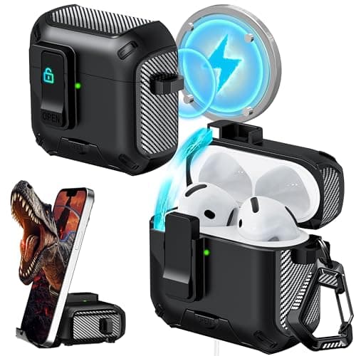 Image of RFUNGUANGO Compatible with AirPods 4th Case with Cleaning Pen, Locking Clip,Full Body Protection,Stand Function,and Compatible with Magsafe,Black