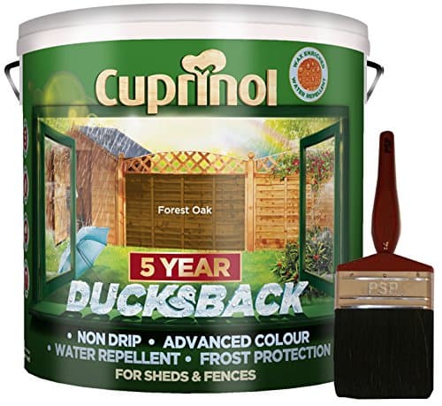 Image of New 2018 Cuprinol Ducksback Shed & Fence Paint 9 Litre Forest Oak. Non Drip, Water Repellent and Frost Defence. Protection for 5 Years. Includes PSP 4” fence application woodcare brush.