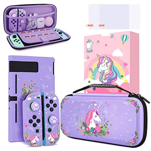 Image of JYPS Unicorn Carry Case for Nintendo Switch with Hard Protective Cover, Purple Travel Carrying Switch Case Accessories Kit, Portable Protection Bundle Bag Compatible with Nintendo Switch for Girls