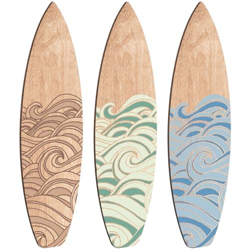 Image of RattanView 3 Pieces Surfboard Wooden Beach Decor for Bedroom Surfboard Wall Decor Summer Decor Wood Wall Hanging Sign for Tropical Bedroom Living Room Decoration(Wave)