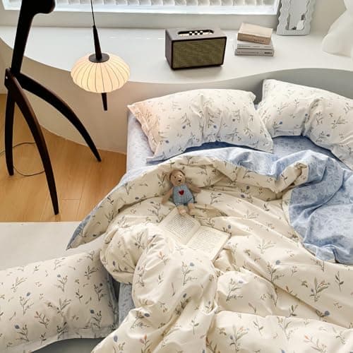 Image of Covebett Duvet Cover Single Blue White Flowers Floral Botanical Meadow Reversible Bedding Set Blue Flower Print Microfiber Comforter Cover 135x200 cm with Zipper Closure and 1 Pillowcase 50x75 cm