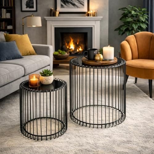 Image of Dylex Set of 2 Round Cage Side Coffee Tables Black Glass Top And Metal Finish Base Ready Assembled