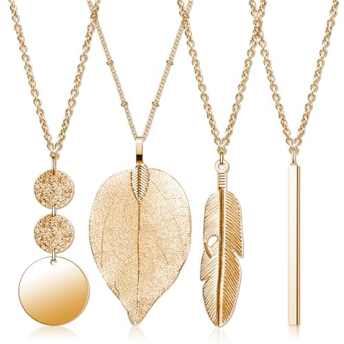 Image of Long Necklaces for Women，4 PCS Boho Style Pendant Necklace Costume Jewellery Golden Bar Feather Circle Leaf Lock Tassel Y Necklace Jewelry Set Simple Statement Necklace for Sweater, Gifts for Girls