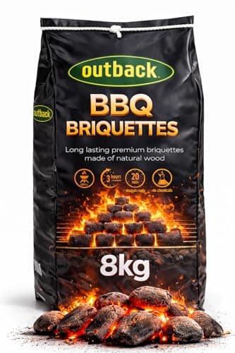 Image of OUTBACK Briquettes 8kg Bag Premium BBQ Charcoal Briquettes, Hotter Longer Burning Constant High Temperature Barbecue Charcoal Coal Perfect for Outdoor Grills (1x 8kg Bag)
