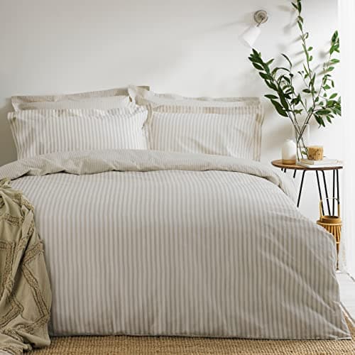 Image of furn. Yard Hebden Mélange Stripe Cotton Duvet Set – Ultra Soft Reversible Striped Bedding (Natural – Double)