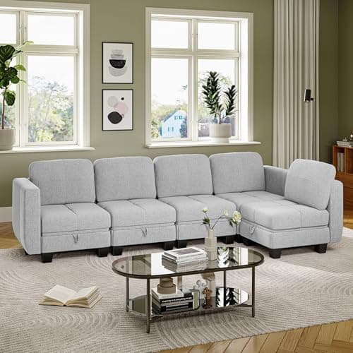 Image of Jooli H 5 Seater Sofa with Hidden Storage, Fabric Corner Sofa with Upholstered Cushions, L-Shaped Modular Sectional Sofa for Living Room and Home Office, Light Grey