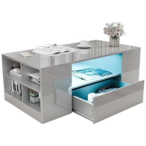 Image of Blisswood Led Coffee Table with 2 Drawer Storage, High Gloss Coffee Table for Living Room Wooden Centre Table with RGB Led Lights Rectangle Tea Table for Living Room Furniture, Grey