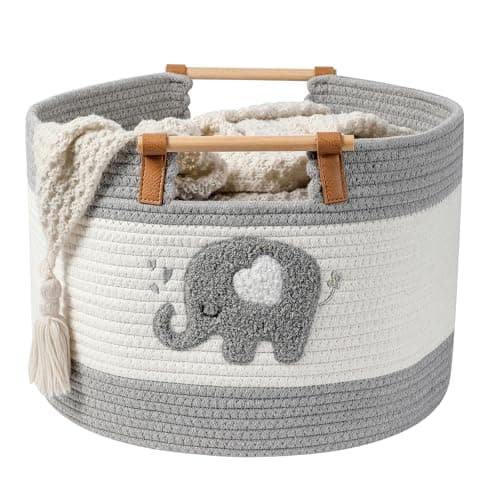 Image of Large Blanket Basket 35L Cotton Rope Baskets with Wooden Handles Woven Baskets for Kids Stuffed Animal Toys Storage for Nursery, Laundry Hamper Clothes Baby Hamper Boys Gift Basket Empty, (Elephant )