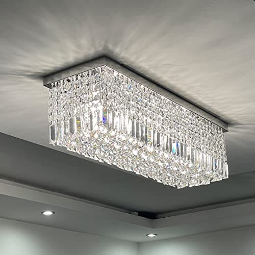 Image of A1A9 Modern Crystal Chandelier Lights Luxury Rectangle Raindrop Elegant Ceiling Light Chrome Flush Mount LED Pendant Lighting Fixture for Livingroom, Dining Room, Foyer, Stairway, Lounge, Bar, Club