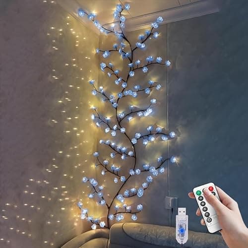 Image of VIMAZ Blue Cherry Blossom LED Tree Branch Lights for Wall,8 Modes Cherry Blossom Lights with 48 LED,Remote,Timer,Cherry Blossom LED Vine Fairy Lights,Decorations for Bedroom,Wall Art,Christmas