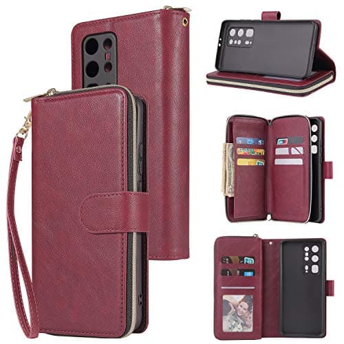 Image of nancencen Compatible with Huawei P40 Pro Plus Case, Stand Function, Credit Card Wallet Case, Solid Colour – Wine Red